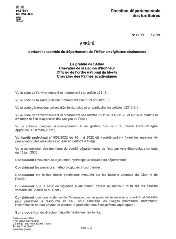 Arrêté préfectoral plaçant en vigilance sécheresse l'ensemble du département de l'Allier